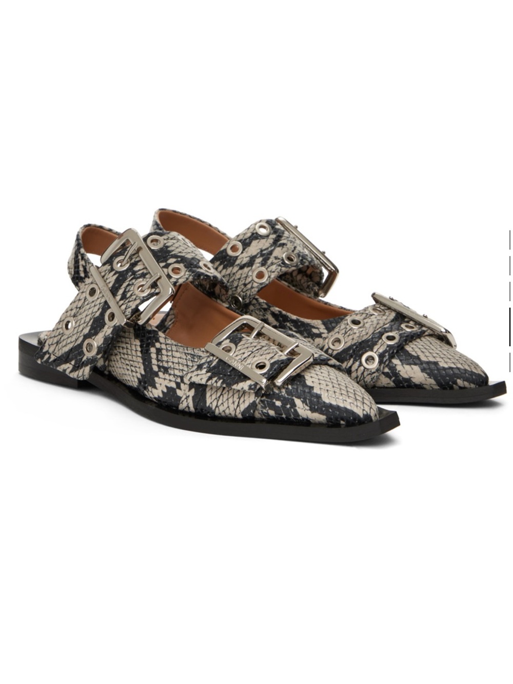 Ganni Black & Cream Snake-Print Buckled Pointed Ballerina Flats